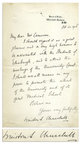 Winston Churchill Letter Signed as President of the Board of Trade in 1908